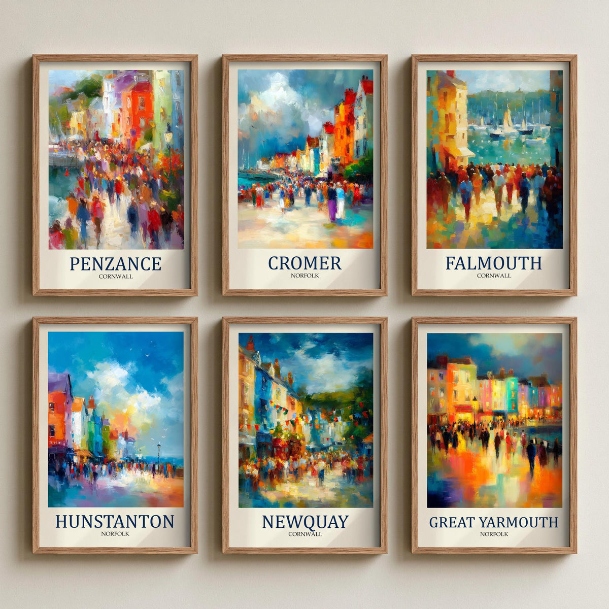 Set of Six Seaside Town Art Prints - 6 Fauvist Posters - Penzance, Cromer, Falmouth, Hunstanton, Newquay, Great Yarmouth Painting