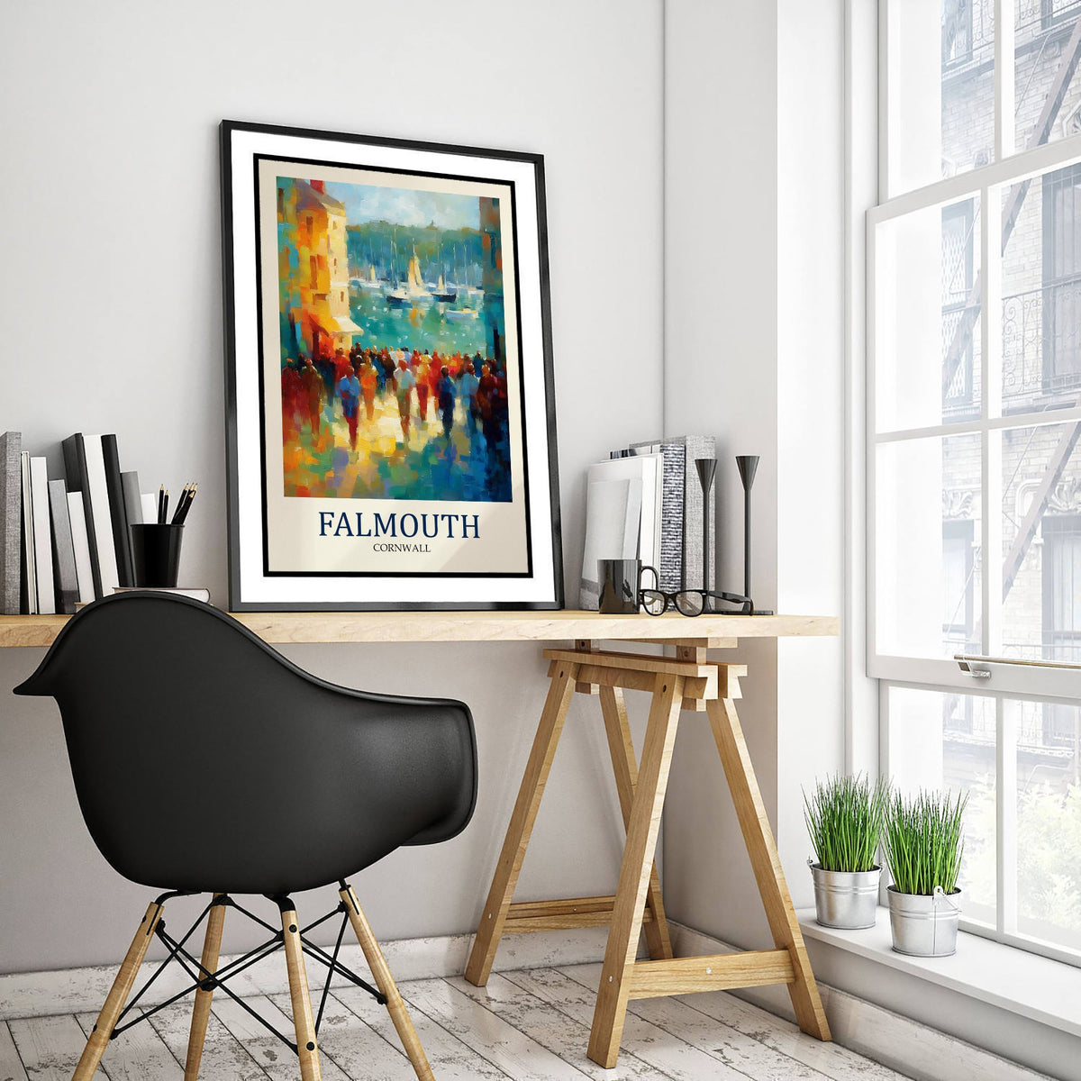Falmouth Cornwall Travel Poster - Impressionist Town Art Print - Colourful Street Painting - Cornish Harbour 1/3