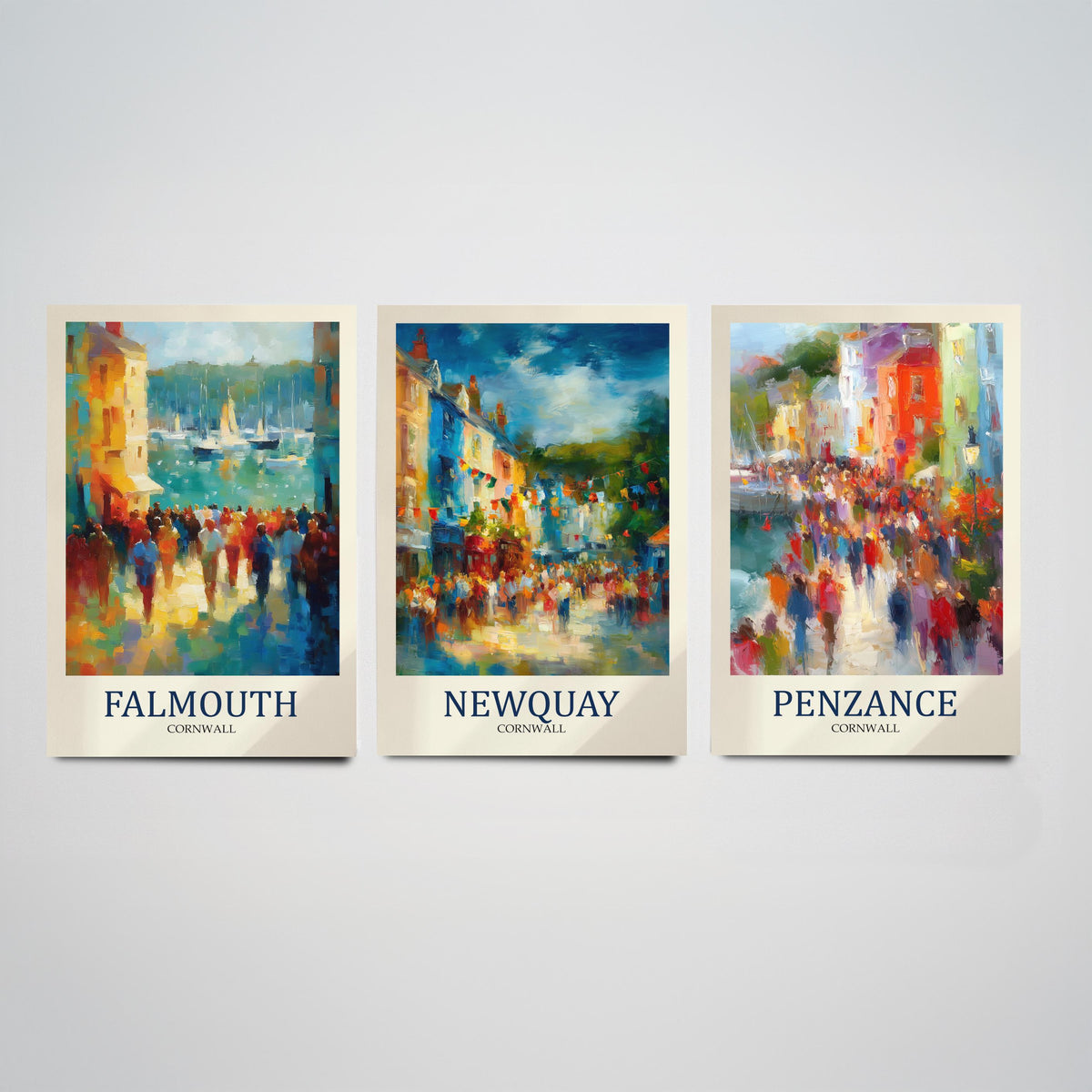 Cornwall Coast Set of Three Prints | Falmouth Newquay Penzance | Impressionist Seaside Wall Art Poster Painting
