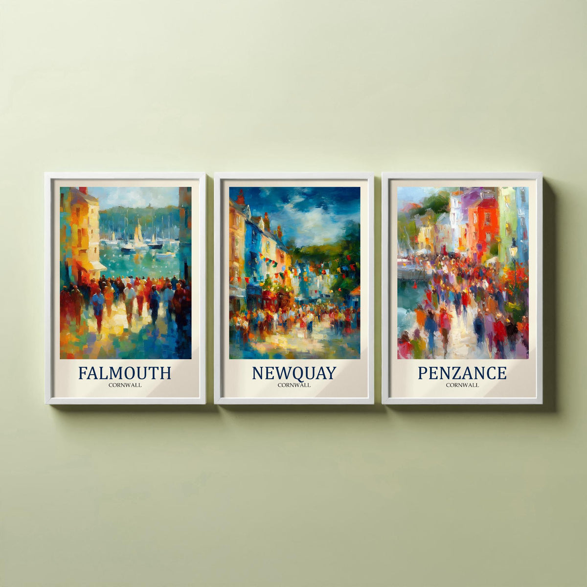 Cornwall Coast Set of Three Prints | Falmouth Newquay Penzance | Impressionist Seaside Wall Art Poster Painting