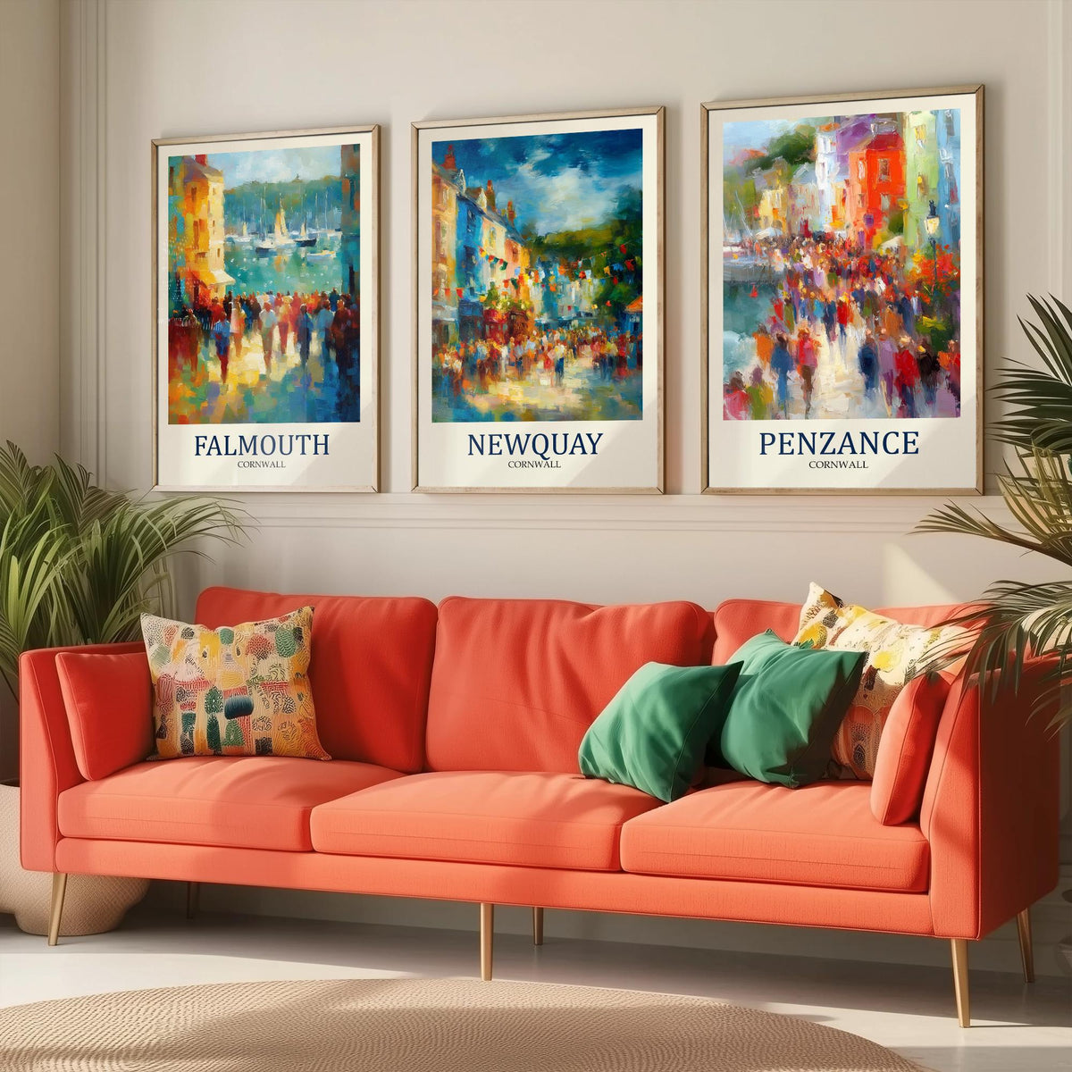 Cornwall Coast Set of Three Prints | Falmouth Newquay Penzance | Impressionist Seaside Wall Art Poster Painting