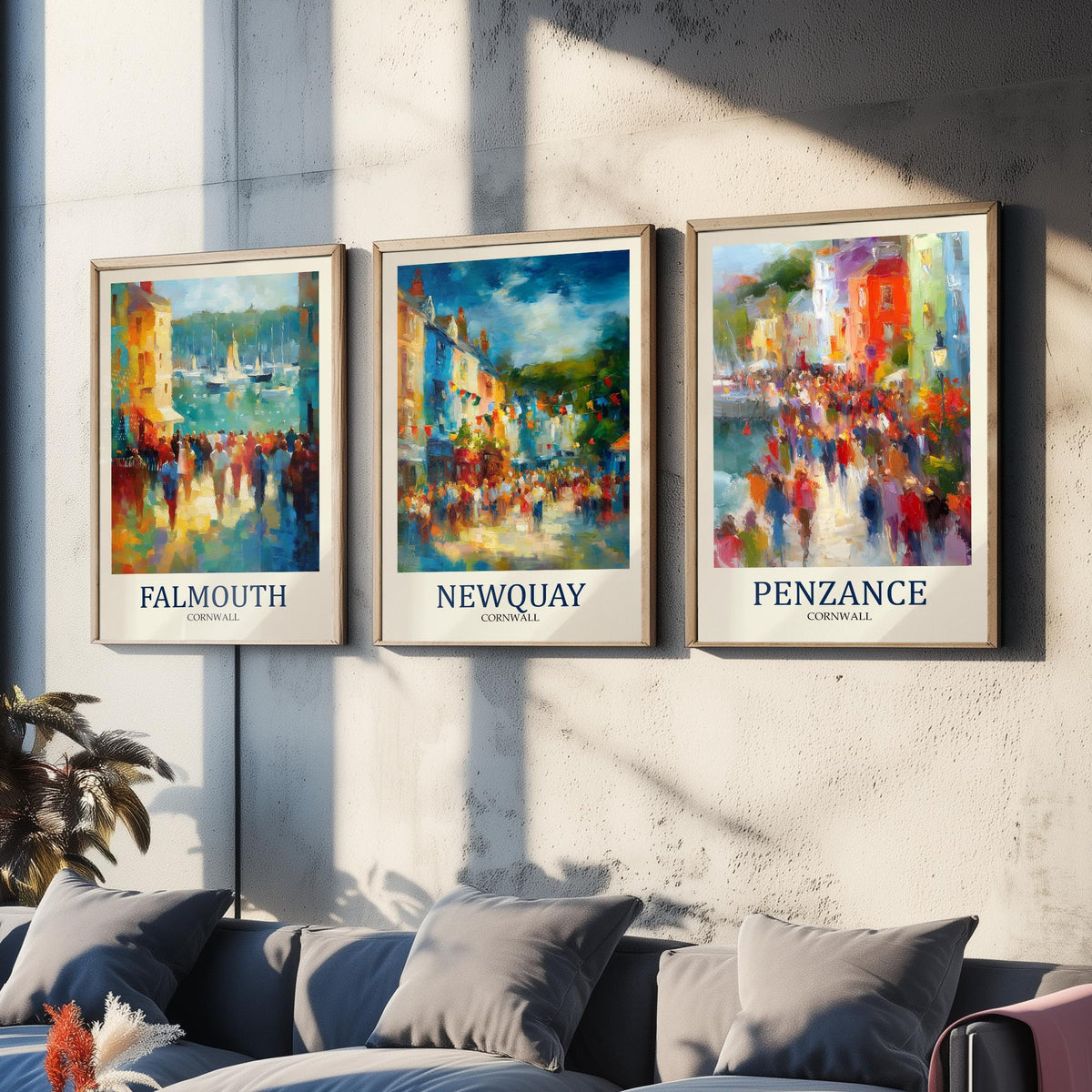Cornwall Coast Set of Three Prints | Falmouth Newquay Penzance | Impressionist Seaside Wall Art Poster Painting