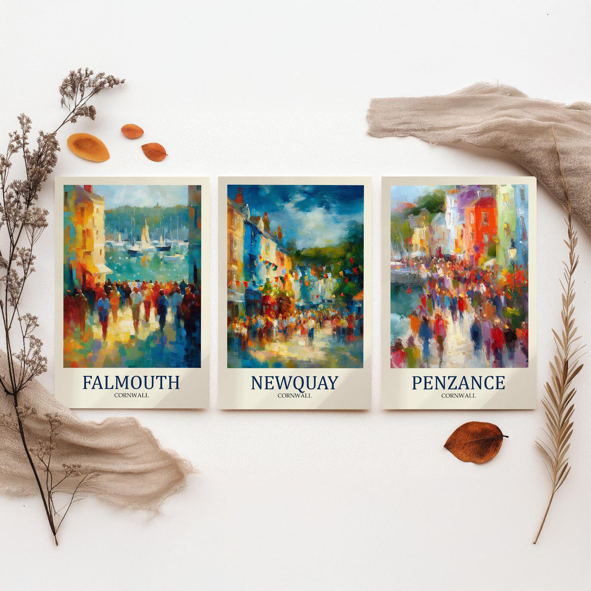 Cornwall Coast Set of Three Prints | Falmouth Newquay Penzance | Impressionist Seaside Wall Art Poster Painting