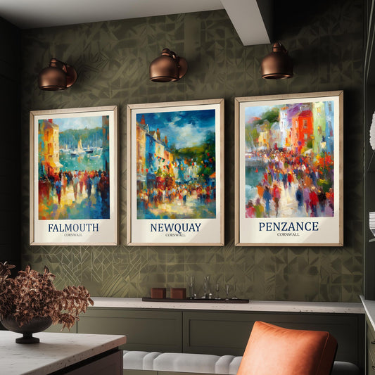 Cornwall Coast Set of Three Prints | Falmouth Newquay Penzance | Impressionist Seaside Wall Art Poster Painting