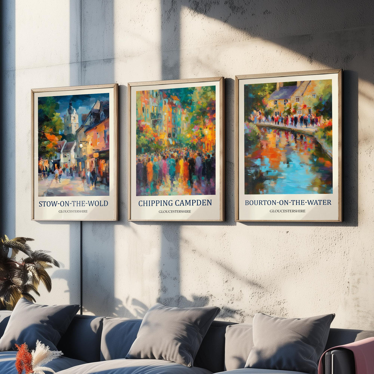 Cotswolds Villages Set of Three Prints | Stow-on-the-Wold Chipping Campden Bourton-on-the-Water | Fauvist Wall Art Poster Painting