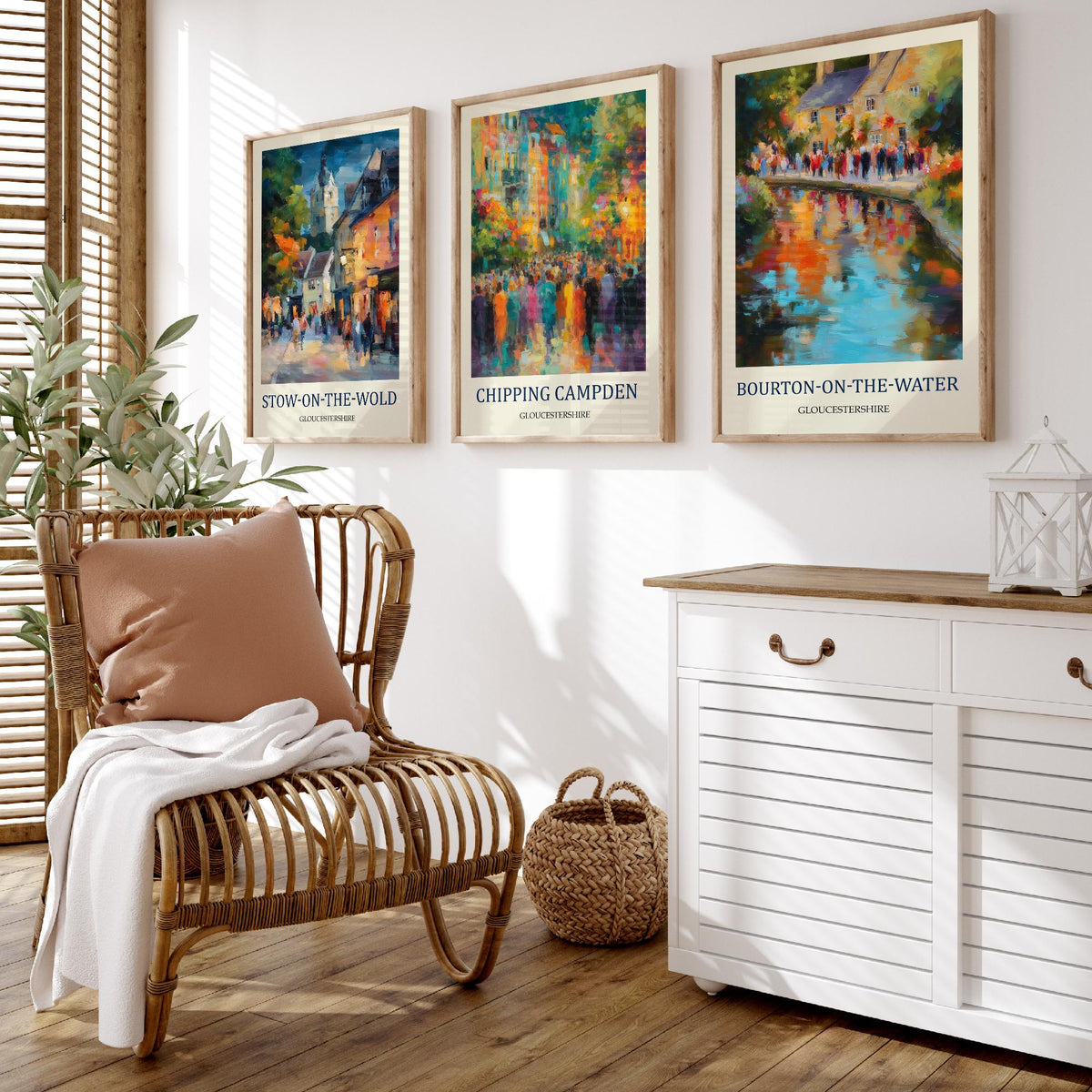 Cotswolds Villages Set of Three Prints | Stow-on-the-Wold Chipping Campden Bourton-on-the-Water | Fauvist Wall Art Poster Painting
