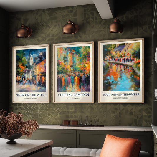 Cotswolds Villages Set of Three Prints | Stow-on-the-Wold Chipping Campden Bourton-on-the-Water | Fauvist Wall Art Poster Painting