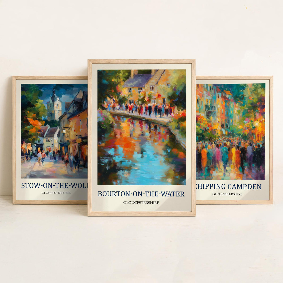 Cotswolds Villages Set of Three Prints | Stow-on-the-Wold Chipping Campden Bourton-on-the-Water | Fauvist Wall Art Poster Painting