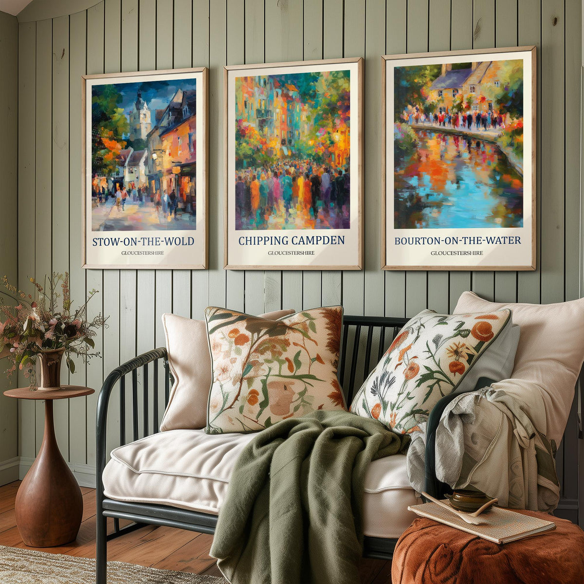 Cotswolds Villages Set of Three Prints | Stow-on-the-Wold Chipping Campden Bourton-on-the-Water | Fauvist Wall Art Poster Painting