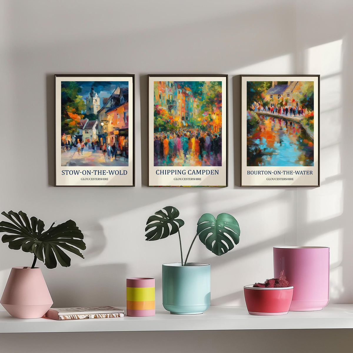 Cotswolds Villages Set of Three Prints | Stow-on-the-Wold Chipping Campden Bourton-on-the-Water | Fauvist Wall Art Poster Painting