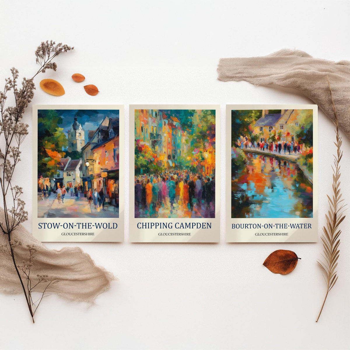 Cotswolds Villages Set of Three Prints | Stow-on-the-Wold Chipping Campden Bourton-on-the-Water | Fauvist Wall Art Poster Painting