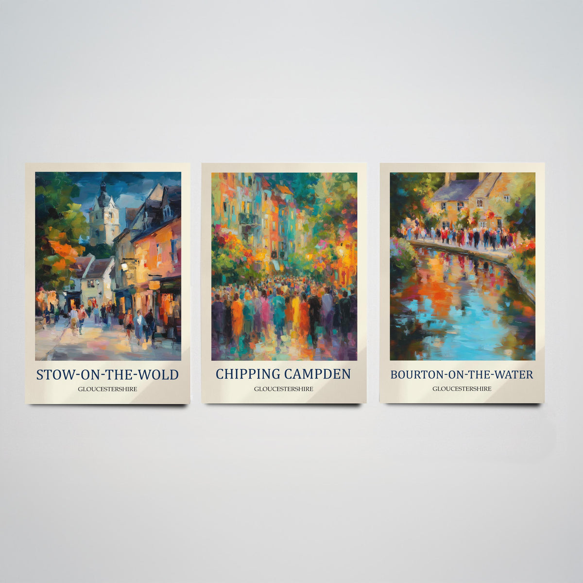 Cotswolds Villages Set of Three Prints | Stow-on-the-Wold Chipping Campden Bourton-on-the-Water | Fauvist Wall Art Poster Painting