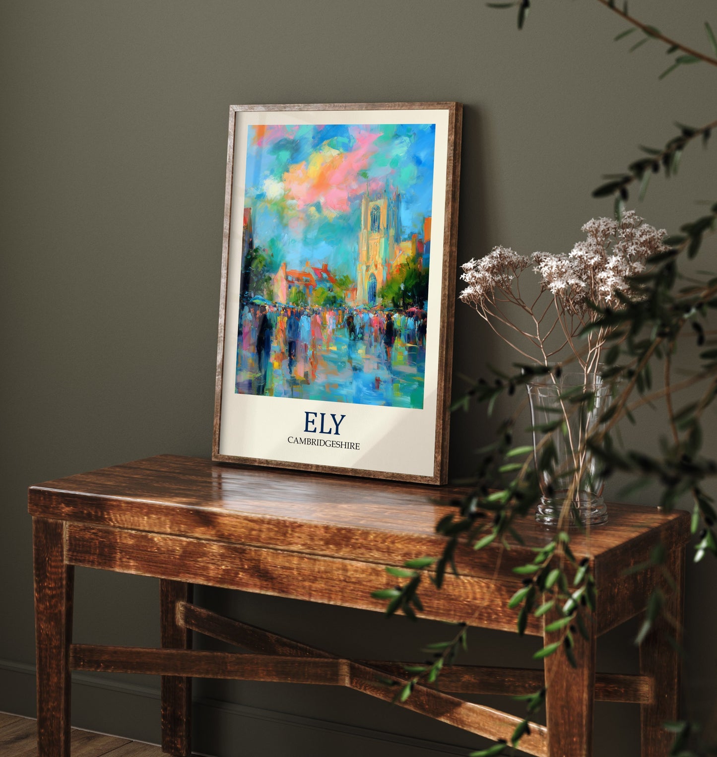 Ely Cambridgeshire Travel Poster - Impressionist City Art Print - Colourful Street Painting - Cathedral City 1/3