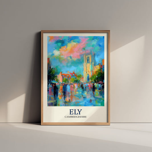 Ely Cambridgeshire Travel Poster - Impressionist City Art Print - Colourful Street Painting - Cathedral City 1/3