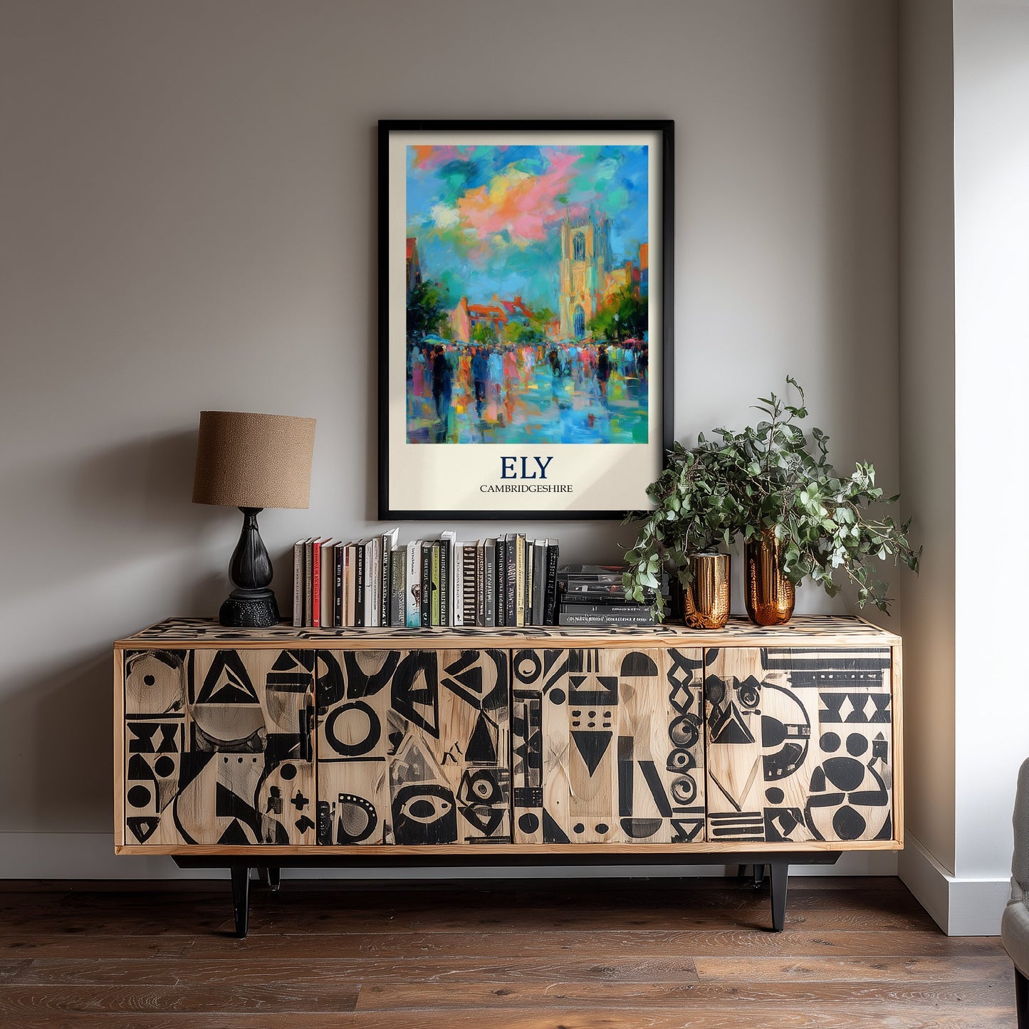 Ely Cambridgeshire Travel Poster - Impressionist City Art Print - Colourful Street Painting - Cathedral City 1/3