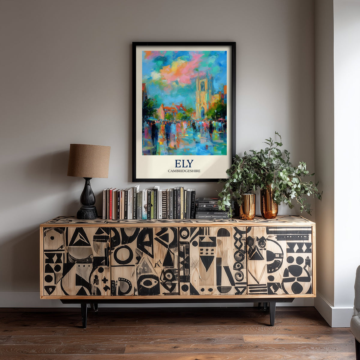 Ely Cambridgeshire Travel Poster - Impressionist City Art Print - Colourful Street Painting - Cathedral City 1/3