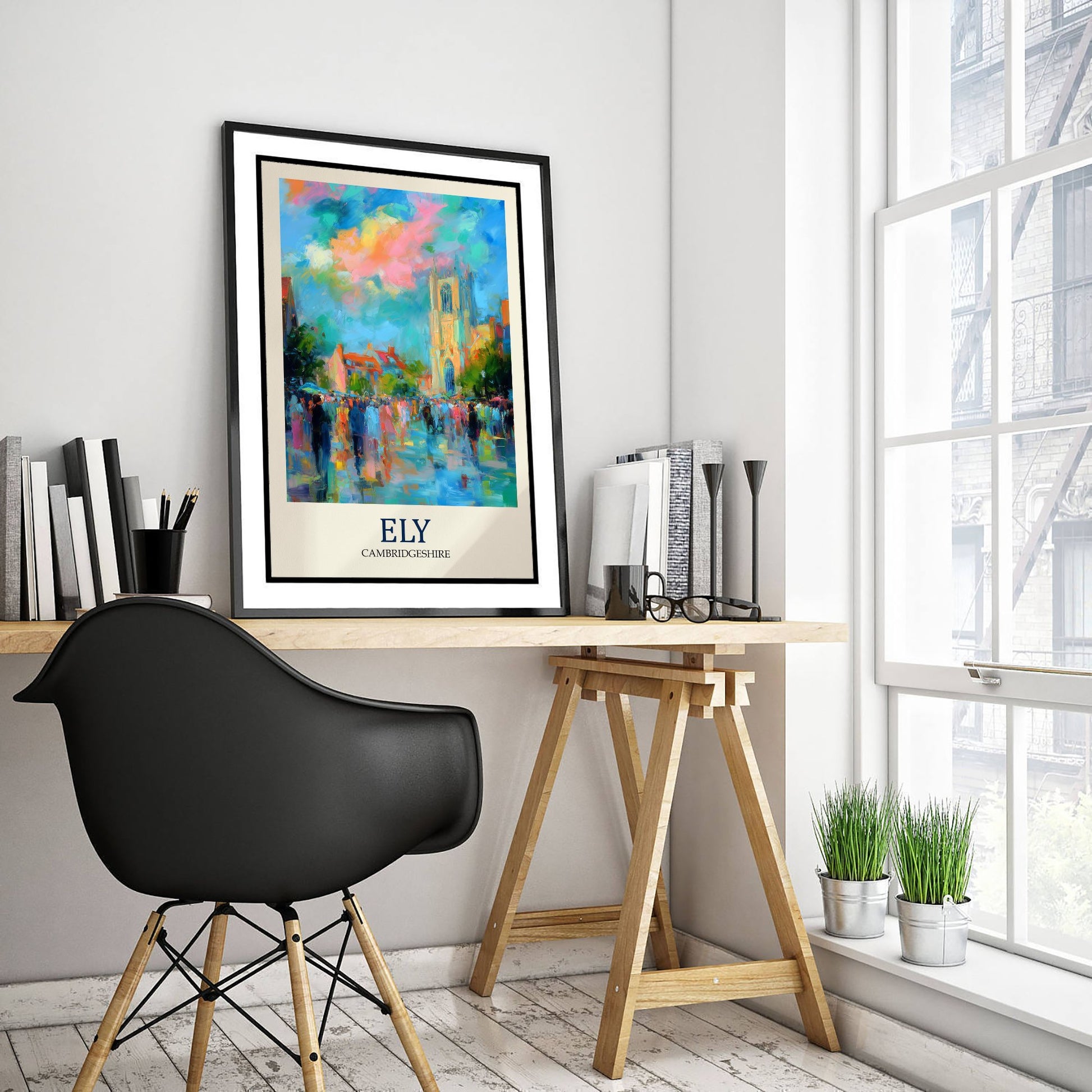 Ely Cambridgeshire Travel Poster - Impressionist City Art Print - Colourful Street Painting - Cathedral City 1/3