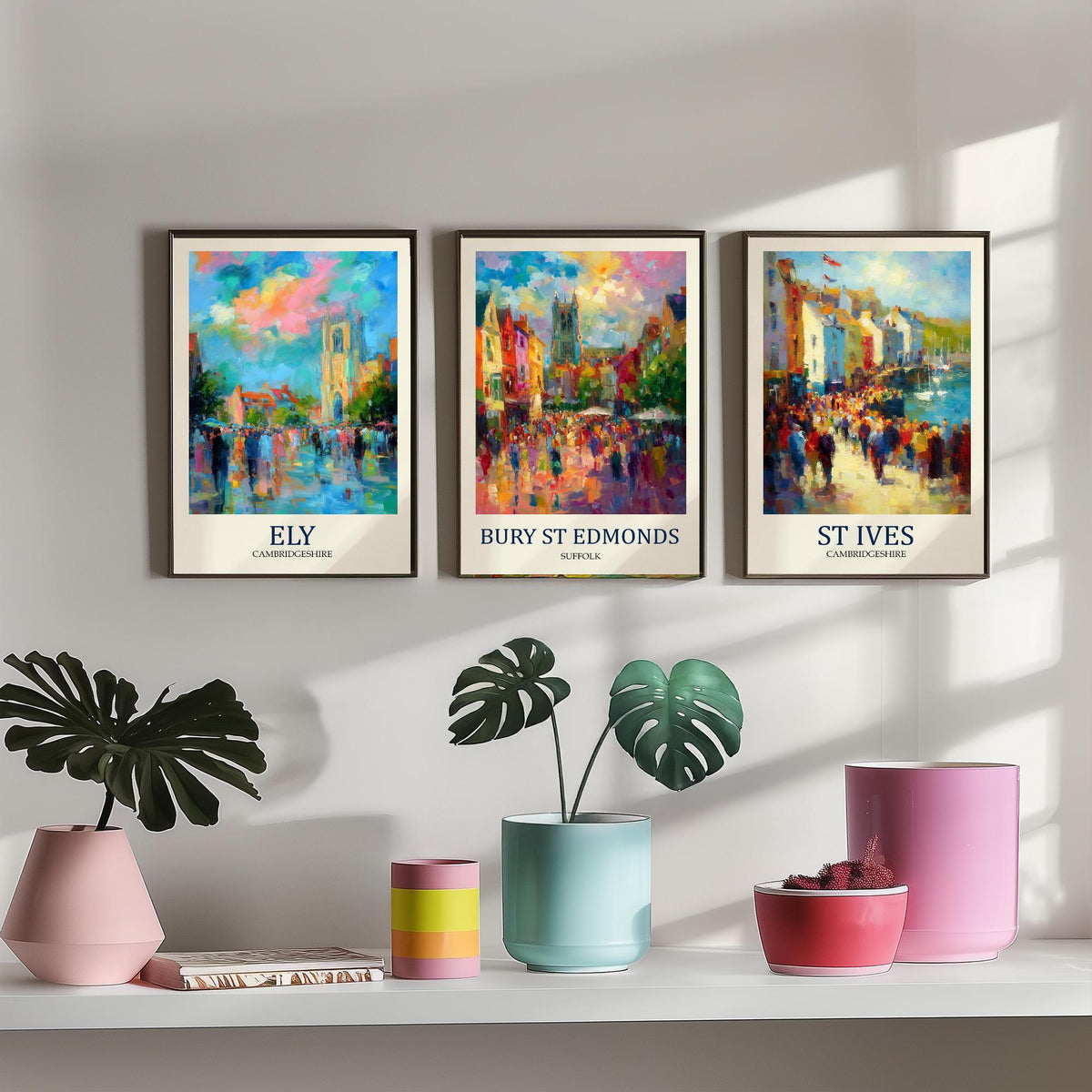 East Anglia Market Towns Set of Three Prints | Ely Bury St Edmunds St Ives | Impressionist Wall Art Poster Painting