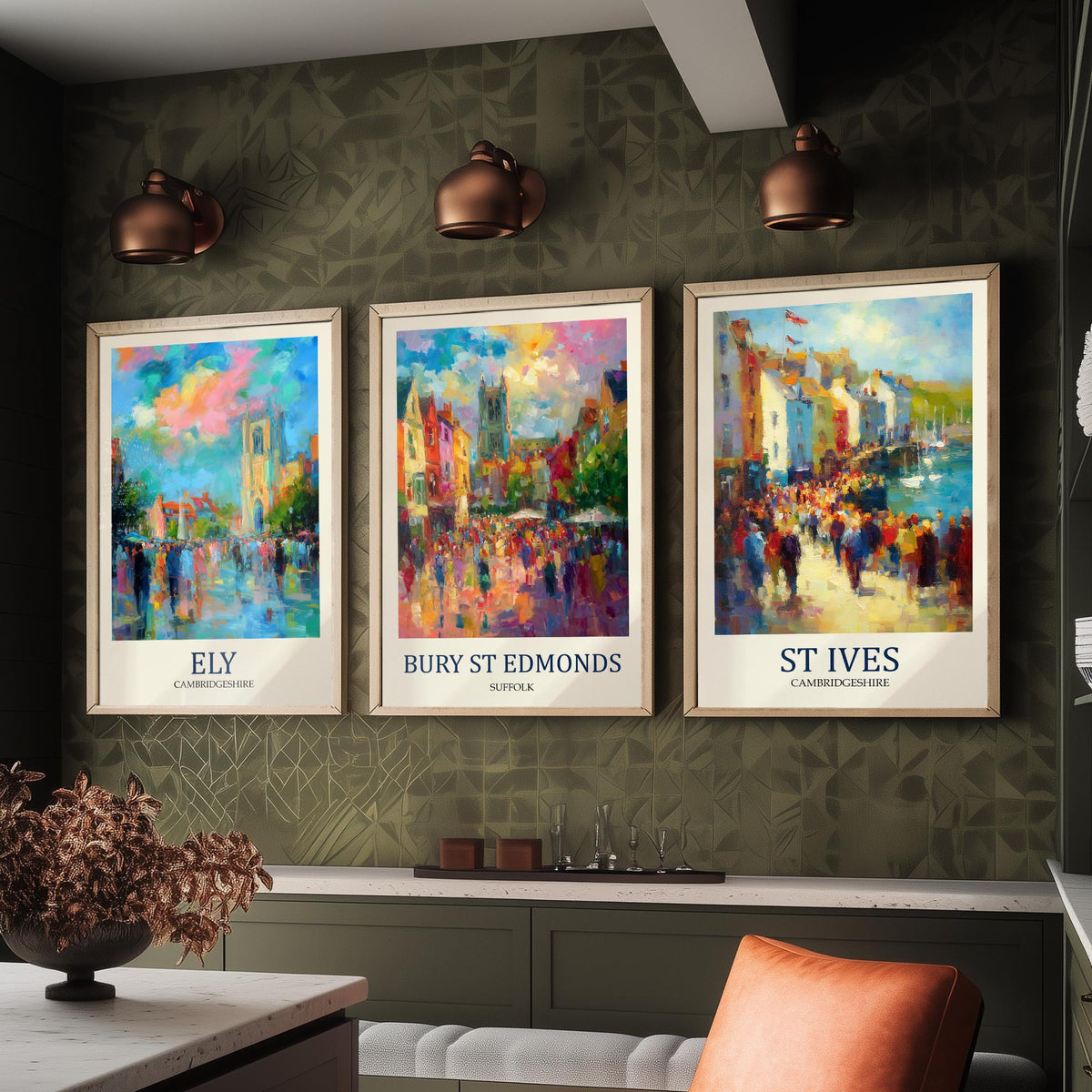 East Anglia Market Towns Set of Three Prints | Ely Bury St Edmunds St Ives | Impressionist Wall Art Poster Painting