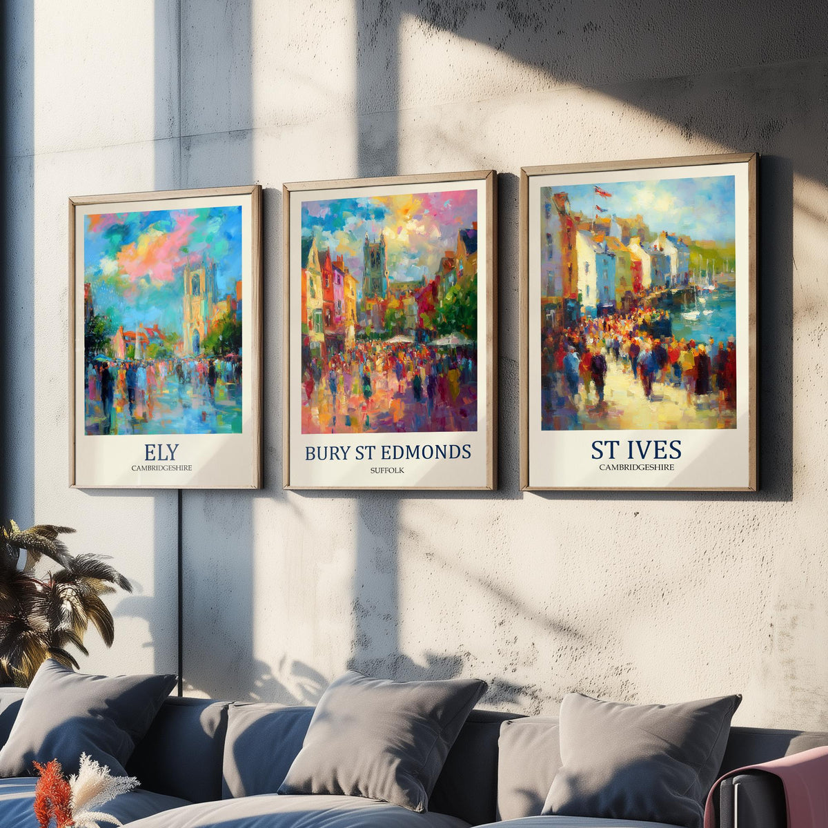 East Anglia Market Towns Set of Three Prints | Ely Bury St Edmunds St Ives | Impressionist Wall Art Poster Painting