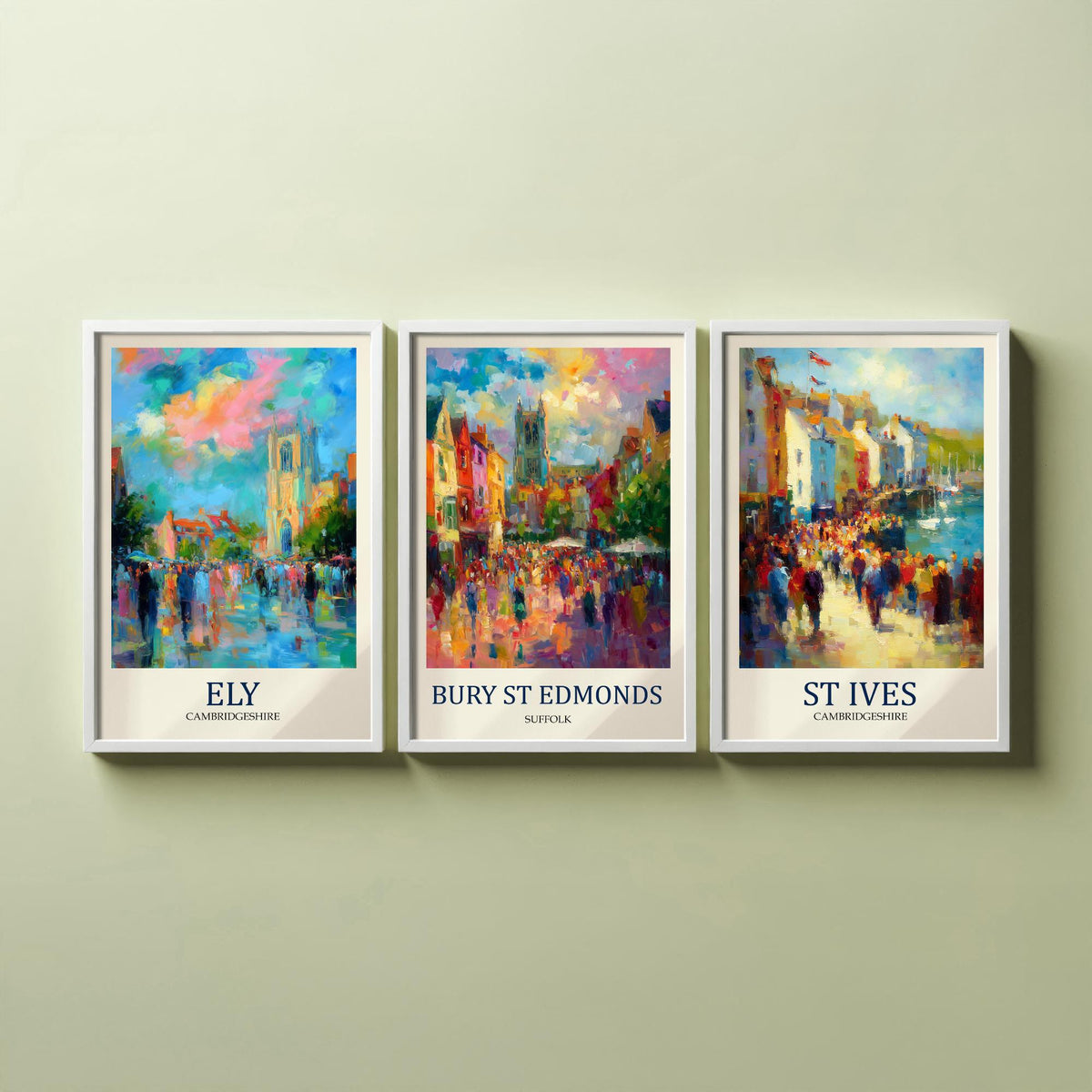 East Anglia Market Towns Set of Three Prints | Ely Bury St Edmunds St Ives | Impressionist Wall Art Poster Painting