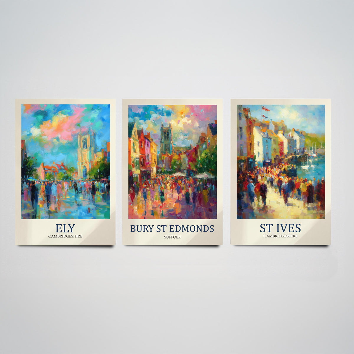 East Anglia Market Towns Set of Three Prints | Ely Bury St Edmunds St Ives | Impressionist Wall Art Poster Painting