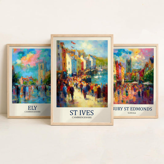 East Anglia Market Towns Set of Three Prints | Ely Bury St Edmunds St Ives | Impressionist Wall Art Poster Painting