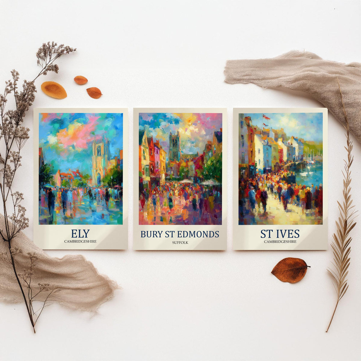 East Anglia Market Towns Set of Three Prints | Ely Bury St Edmunds St Ives | Impressionist Wall Art Poster Painting