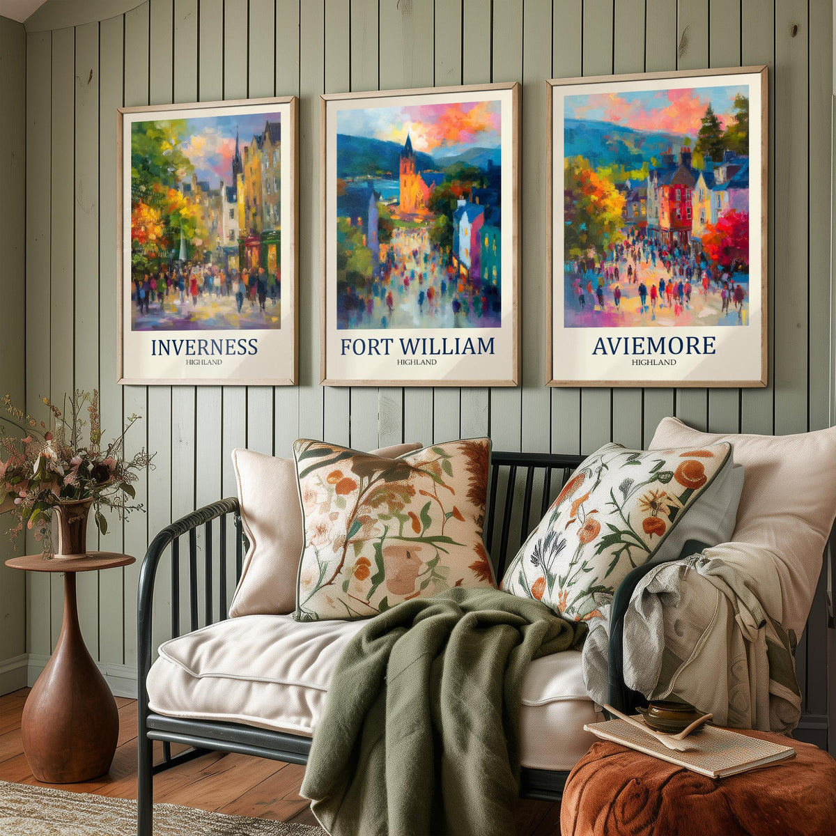 Scottish Highlands Set of Three Prints | Inverness Fort William Aviemore | Impressionist Highland Wall Art Poster Painting