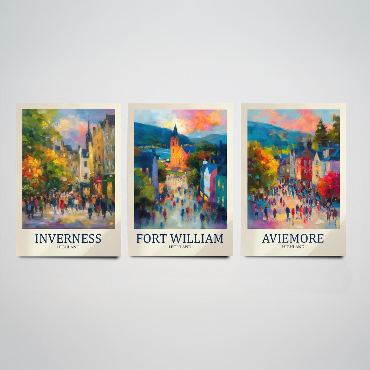 Scottish Highlands Set of Three Prints | Inverness Fort William Aviemore | Impressionist Highland Wall Art Poster Painting