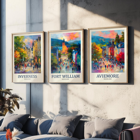 Scottish Highlands Set of Three Prints | Inverness Fort William Aviemore | Impressionist Highland Wall Art Poster Painting