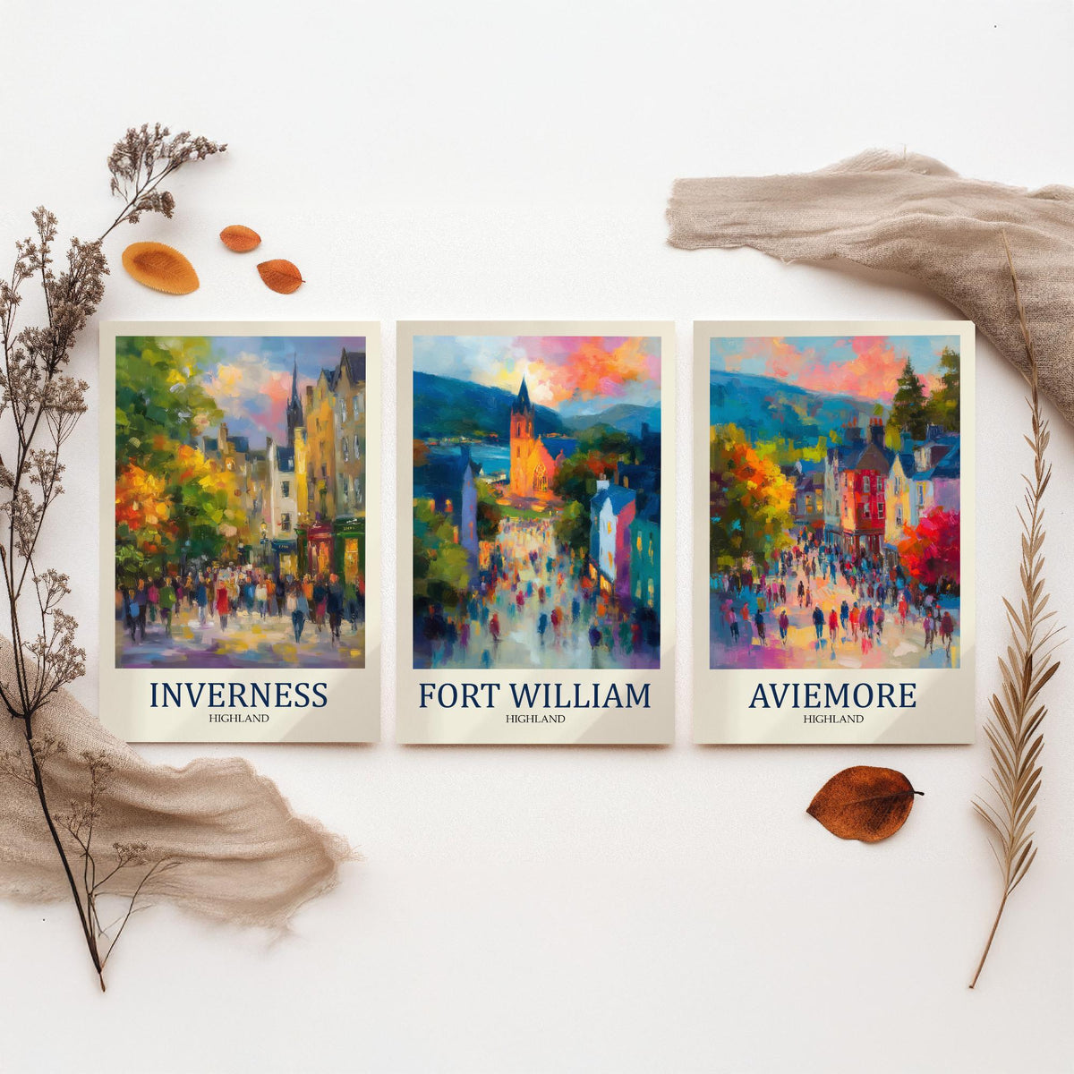 Scottish Highlands Set of Three Prints | Inverness Fort William Aviemore | Impressionist Highland Wall Art Poster Painting