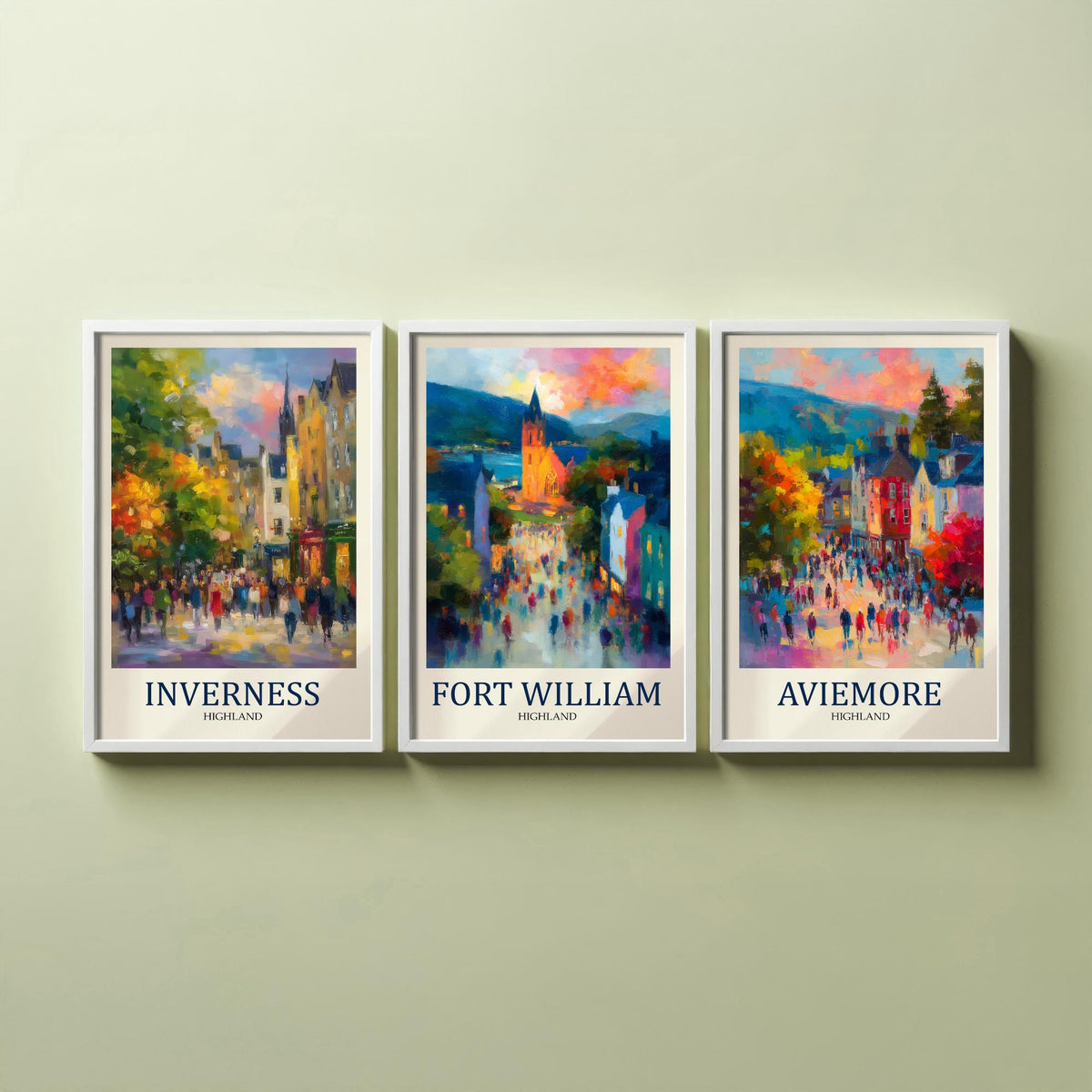 Scottish Highlands Set of Three Prints | Inverness Fort William Aviemore | Impressionist Highland Wall Art Poster Painting