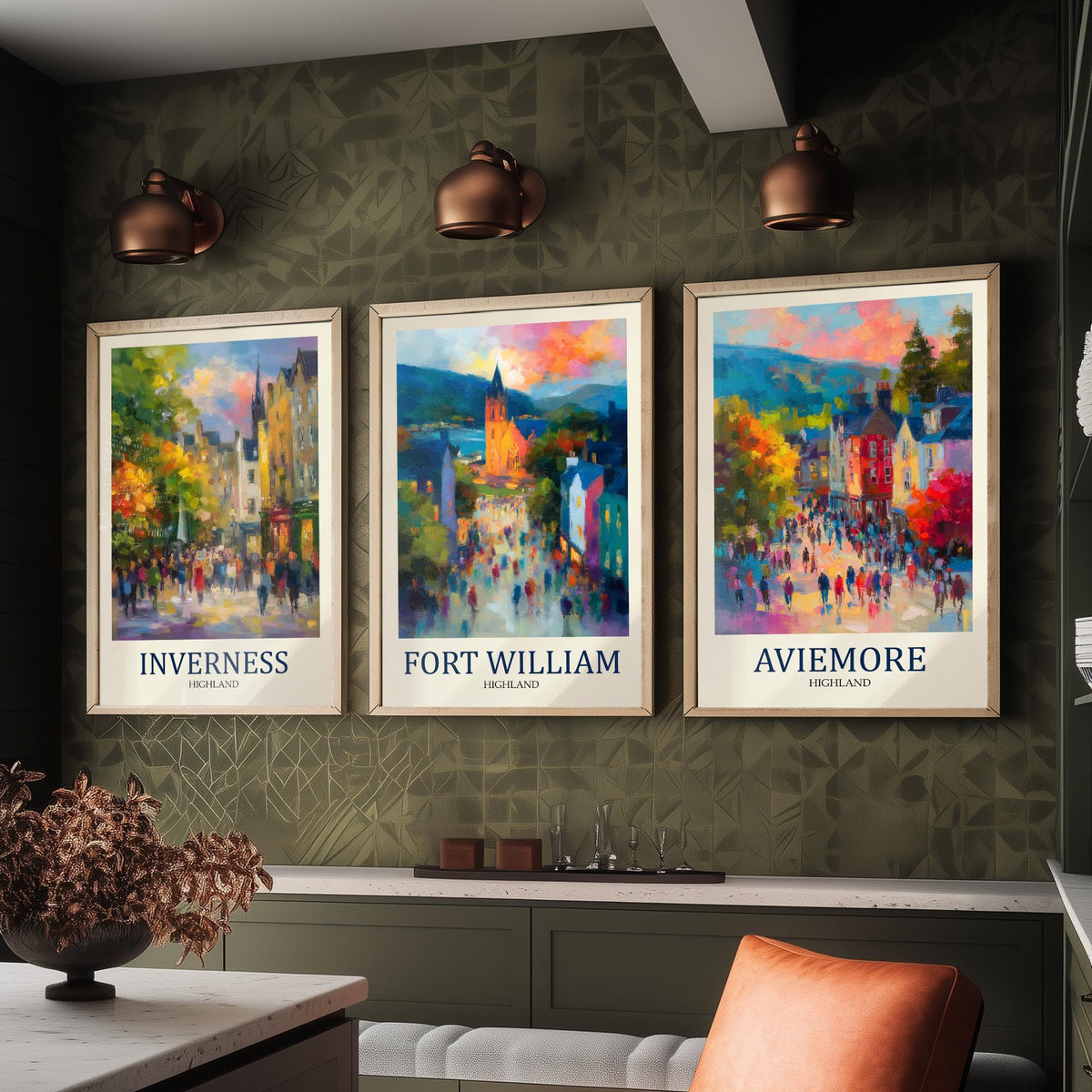 Scottish Highlands Set of Three Prints | Inverness Fort William Aviemore | Impressionist Highland Wall Art Poster Painting