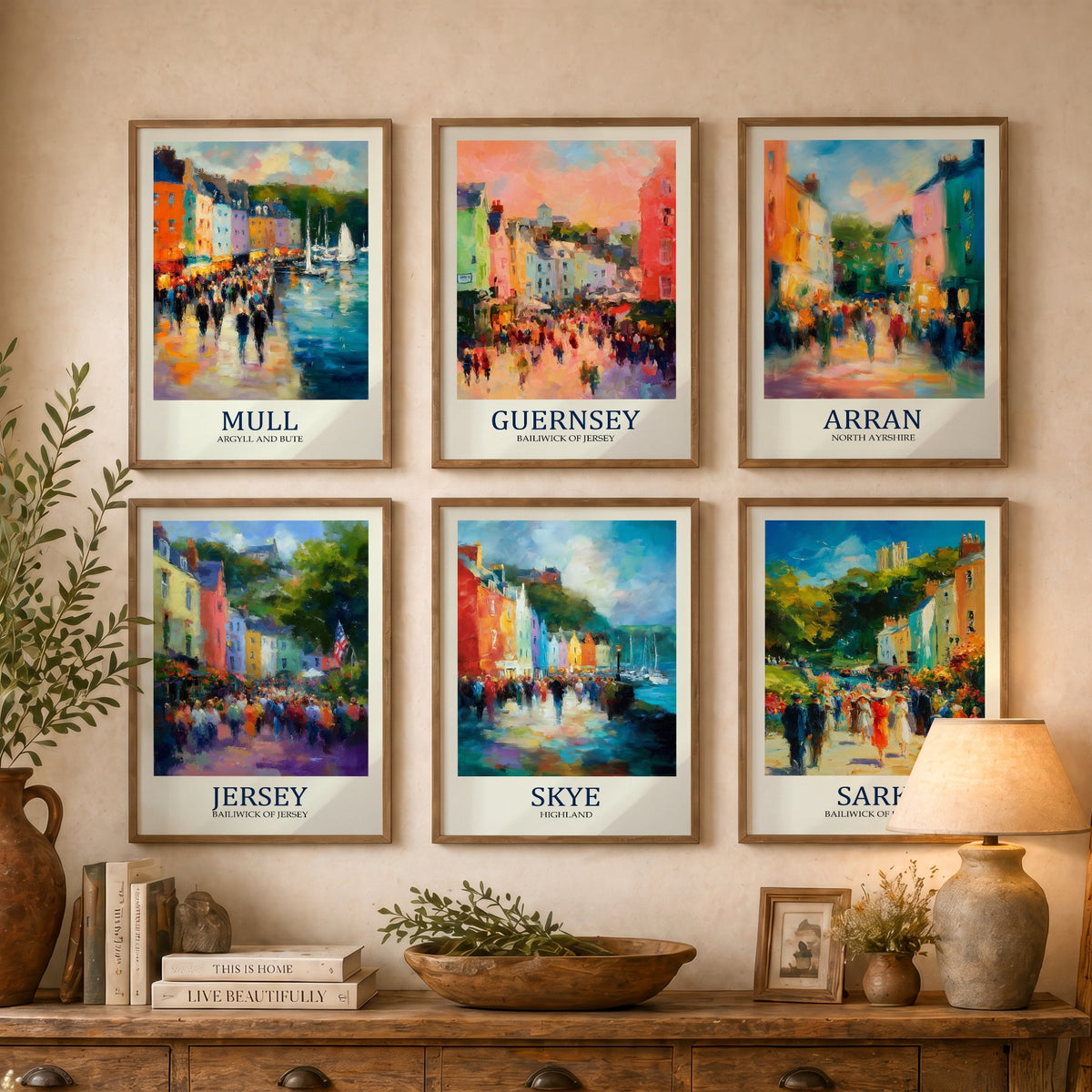 Set of Six British Island Art Prints - 6 Impressionist Harbour Posters - Mull, Guernsey, Arran, Jersey, Skye, Sark Fauvist Painting