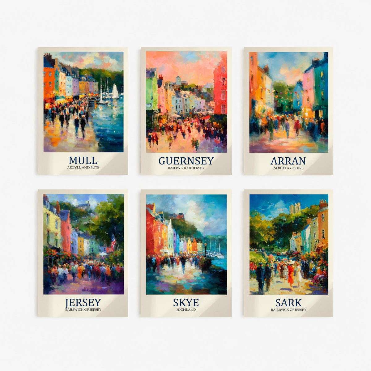 Set of Six British Island Art Prints - 6 Impressionist Harbour Posters - Mull, Guernsey, Arran, Jersey, Skye, Sark Fauvist Painting