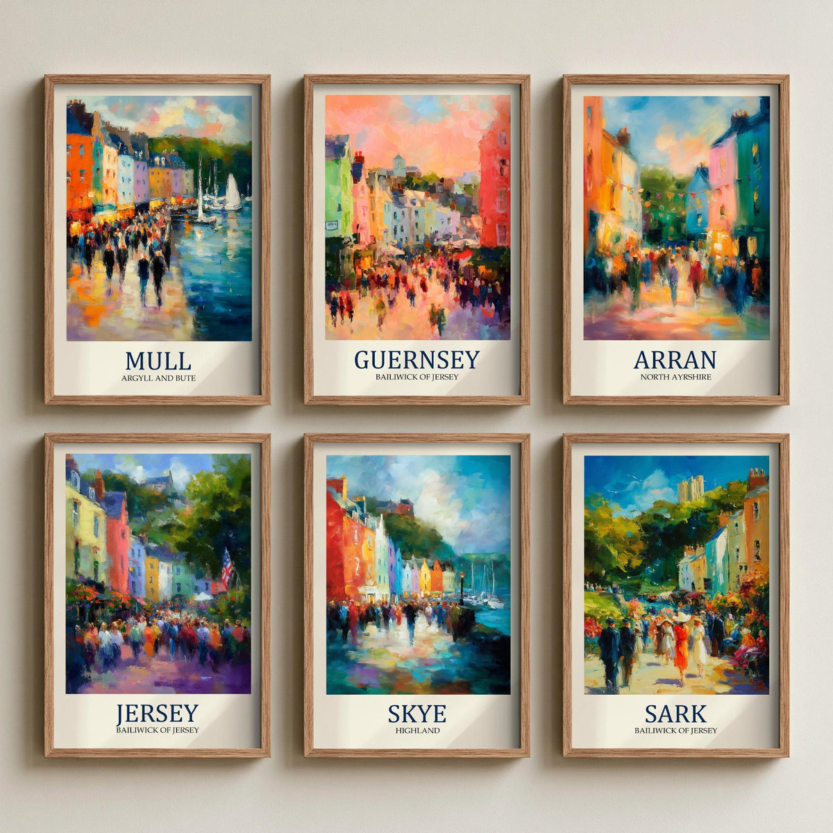 Set of Six British Island Art Prints - 6 Impressionist Harbour Posters - Mull, Guernsey, Arran, Jersey, Skye, Sark Fauvist Painting