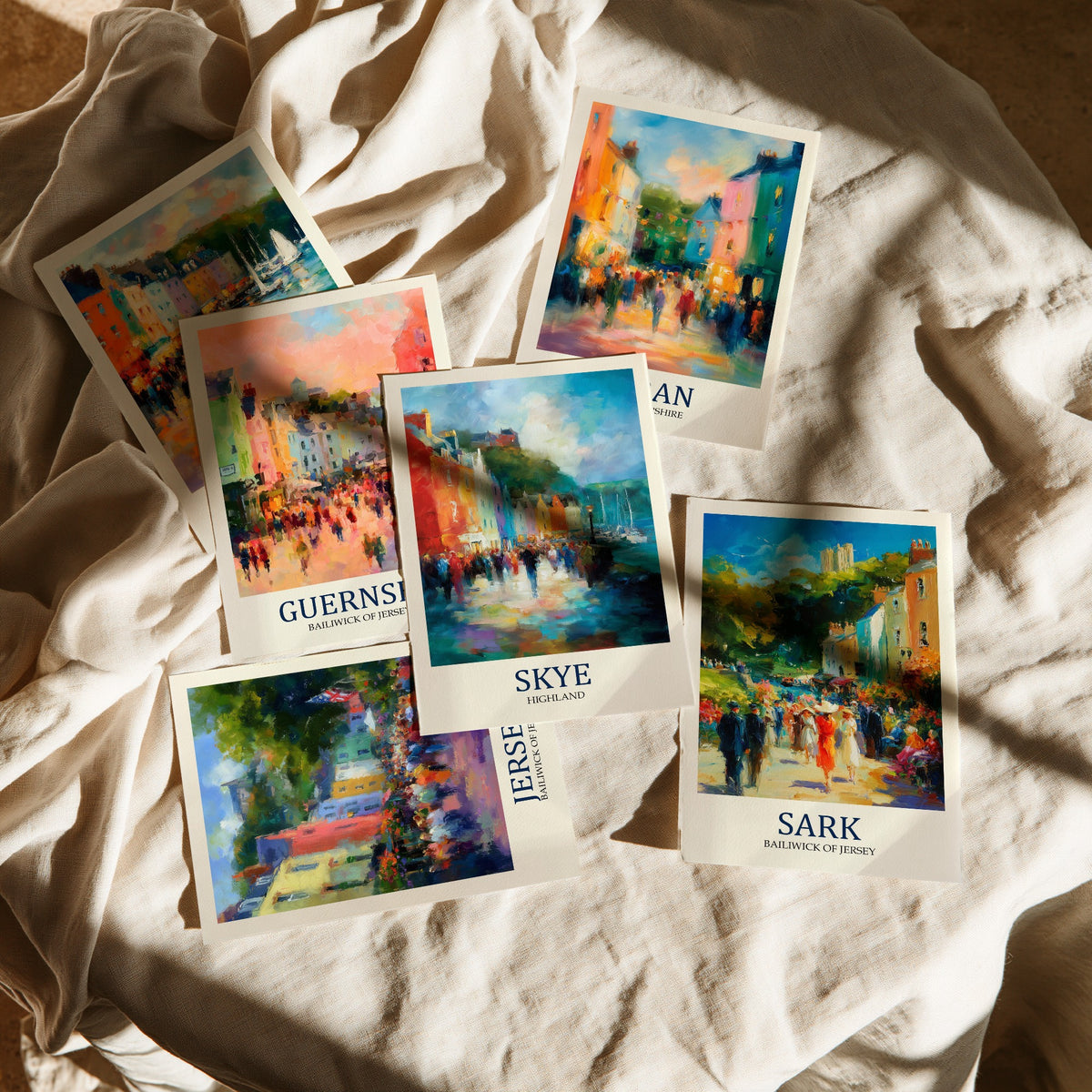 Set of Six British Island Art Prints - 6 Impressionist Harbour Posters - Mull, Guernsey, Arran, Jersey, Skye, Sark Fauvist Painting