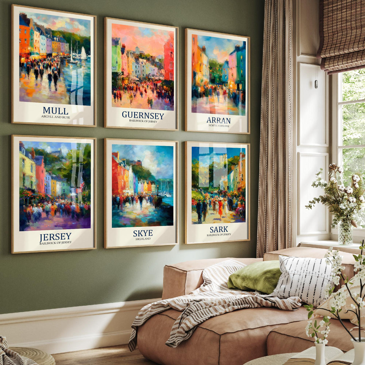 Set of Six British Island Art Prints - 6 Impressionist Harbour Posters - Mull, Guernsey, Arran, Jersey, Skye, Sark Fauvist Painting