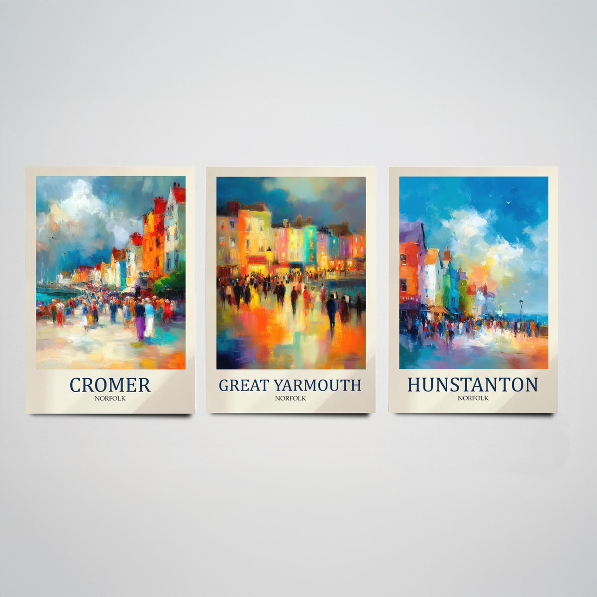 Norfolk Coast Set of Three Prints | Cromer Great Yarmouth Hunstanton | Impressionist Seaside Wall Art Poster Painting