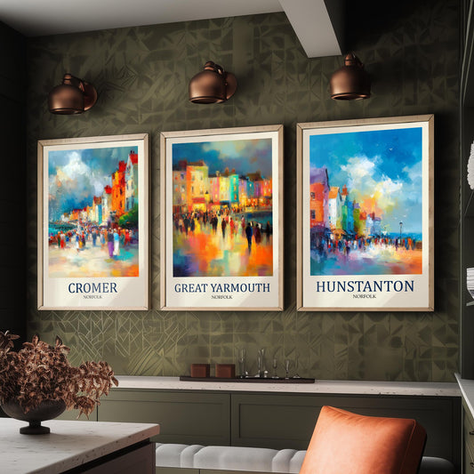 Norfolk Coast Set of Three Prints | Cromer Great Yarmouth Hunstanton | Impressionist Seaside Wall Art Poster Painting