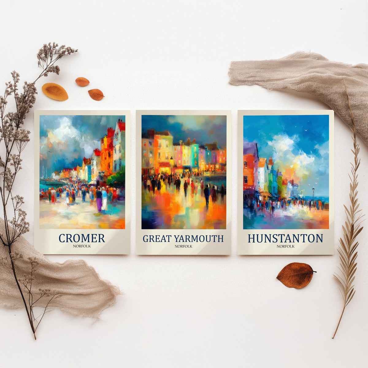 Norfolk Coast Set of Three Prints | Cromer Great Yarmouth Hunstanton | Impressionist Seaside Wall Art Poster Painting