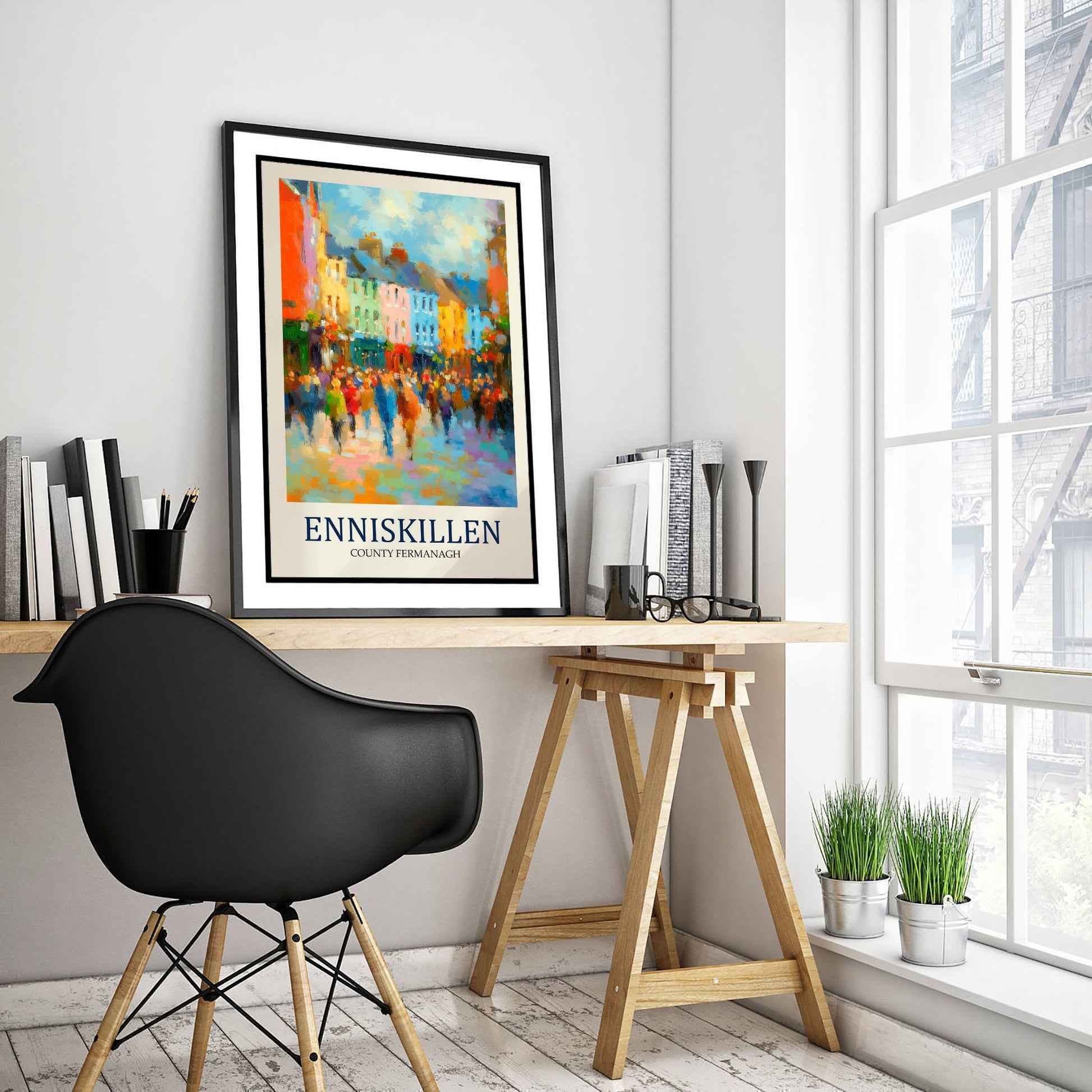 Enniskillen Travel Poster - Impressionist Town Art Print - Colourful Street Painting - County Fermanagh 2/3
