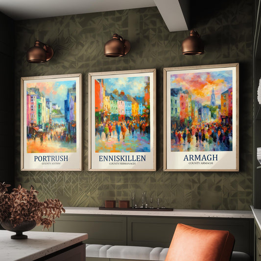 Northern Ireland Set of Three Prints | Portrush Enniskillen Armagh | Impressionist Wall Art Poster Painting