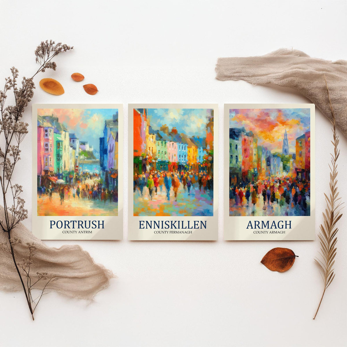 Northern Ireland Set of Three Prints | Portrush Enniskillen Armagh | Impressionist Wall Art Poster Painting