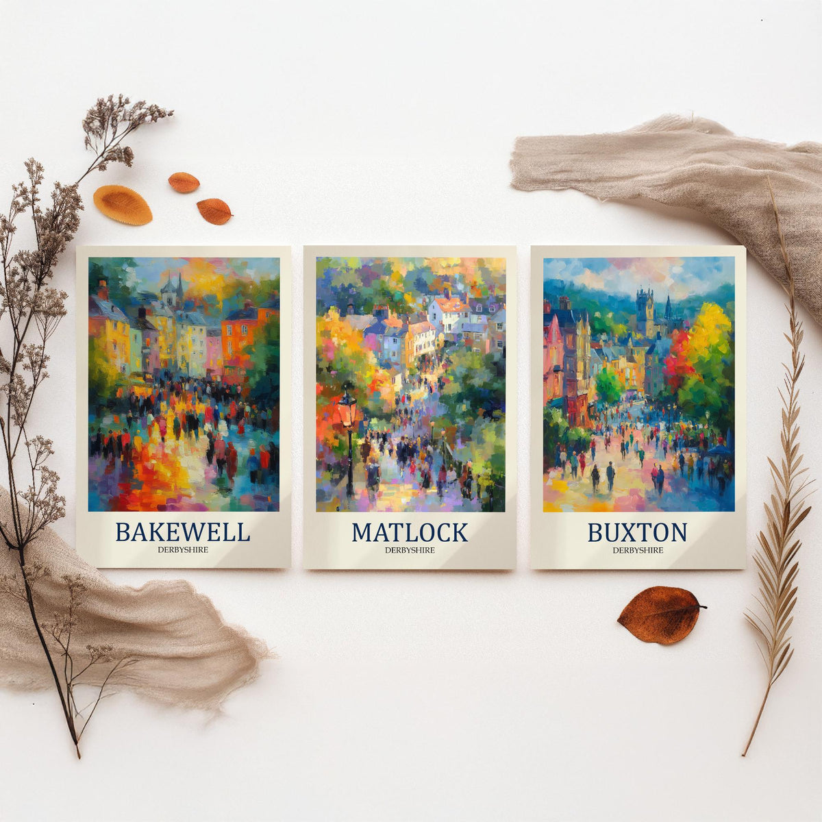 Peak District Set of Three Prints | Bakewell Matlock Buxton | Impressionist Derbyshire Wall Art Poster Painting