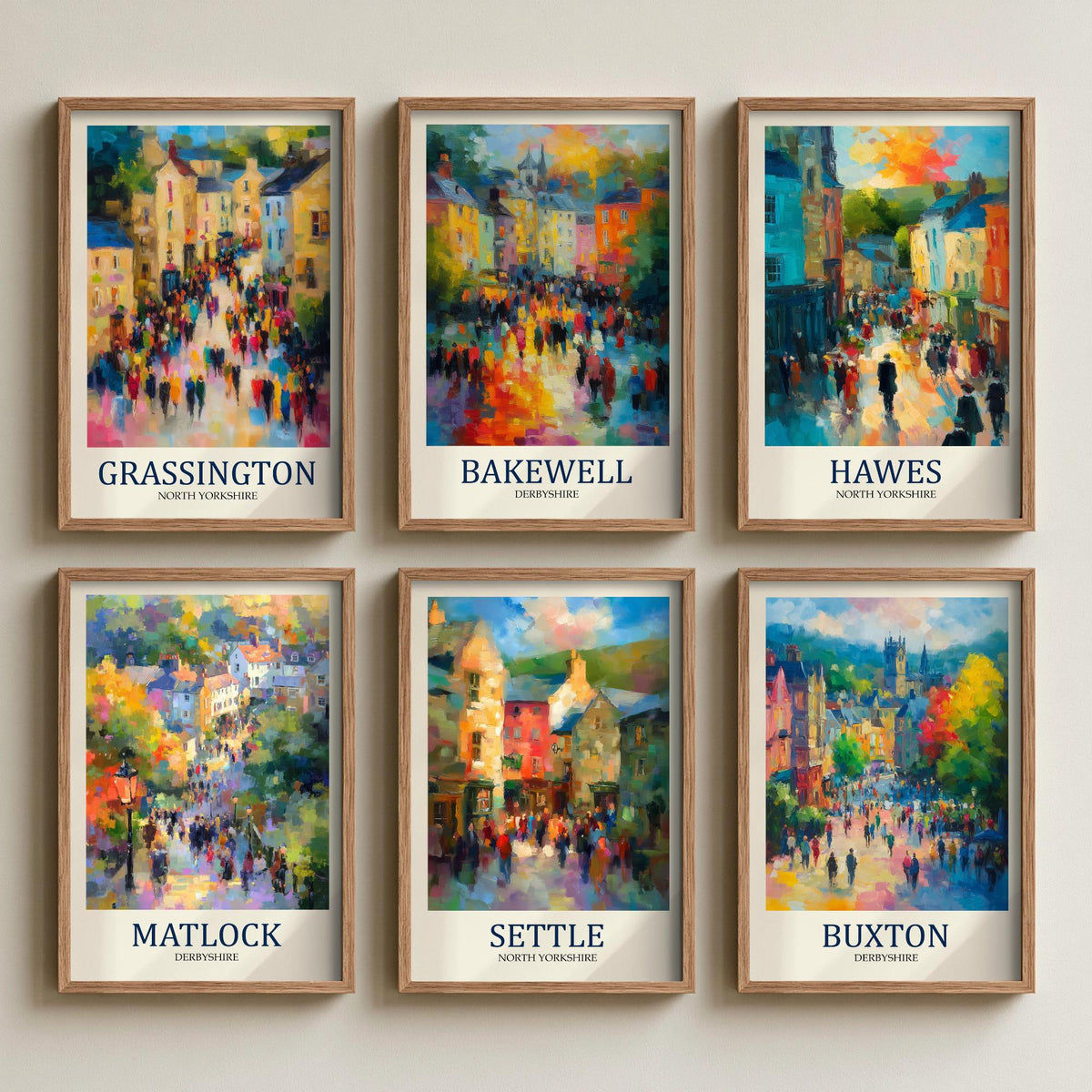 Set of Six Peaks and Dales Art Prints - 6 Impressionist Market Town Posters - Grassington, Bakewell, Hawes, Matlock, Settle, Buxton Painting