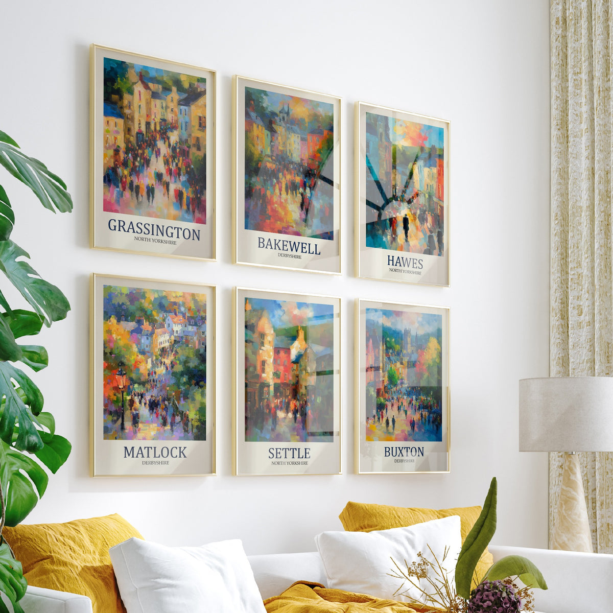 Set of Six Peaks and Dales Art Prints - 6 Impressionist Market Town Posters - Grassington, Bakewell, Hawes, Matlock, Settle, Buxton Painting