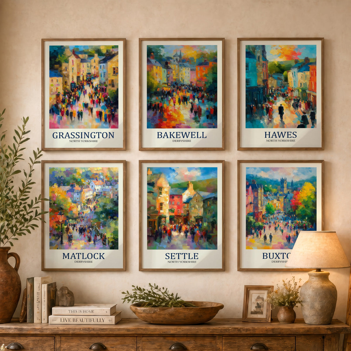 Set of Six Peaks and Dales Art Prints - 6 Impressionist Market Town Posters - Grassington, Bakewell, Hawes, Matlock, Settle, Buxton Painting