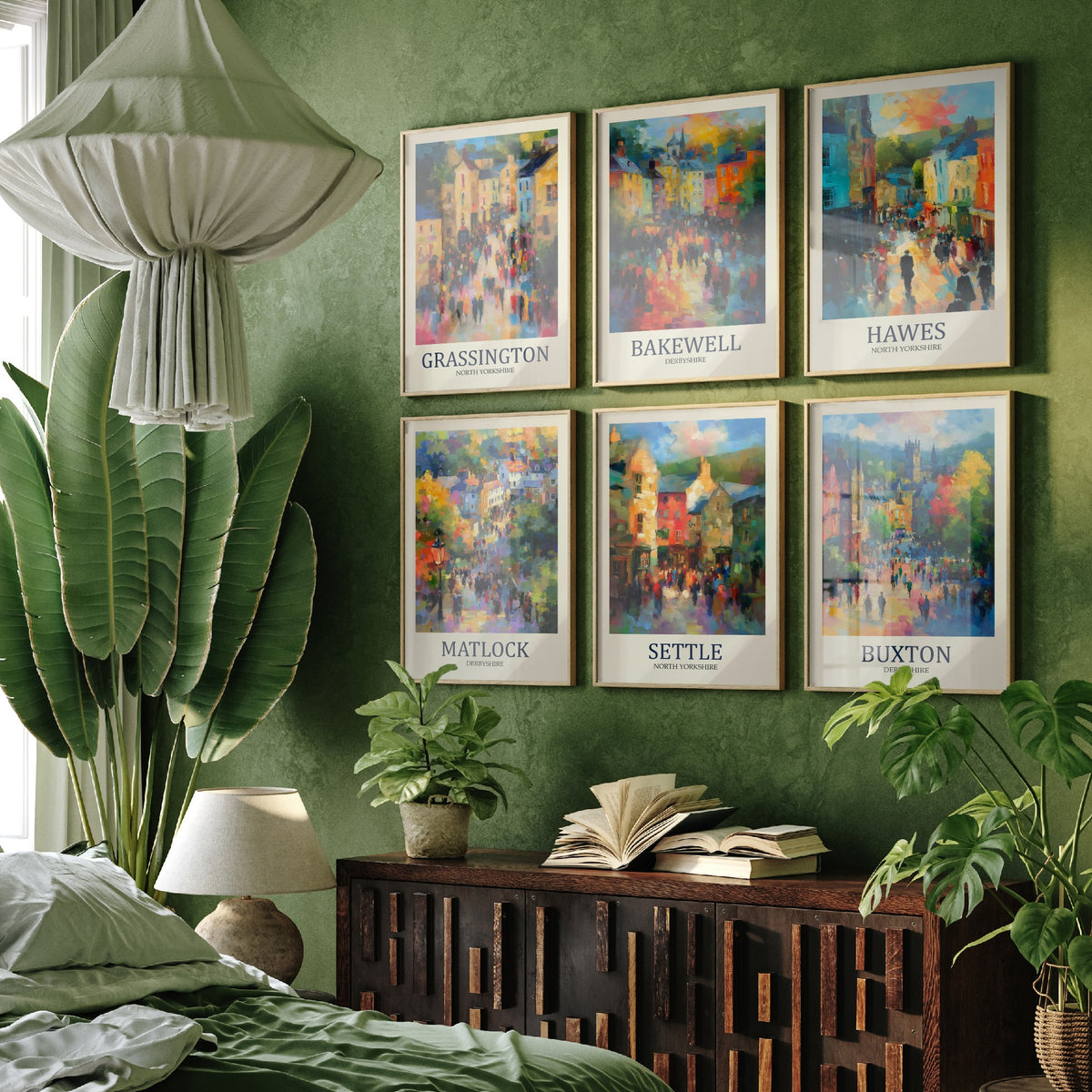 Set of Six Peaks and Dales Art Prints - 6 Impressionist Market Town Posters - Grassington, Bakewell, Hawes, Matlock, Settle, Buxton Painting